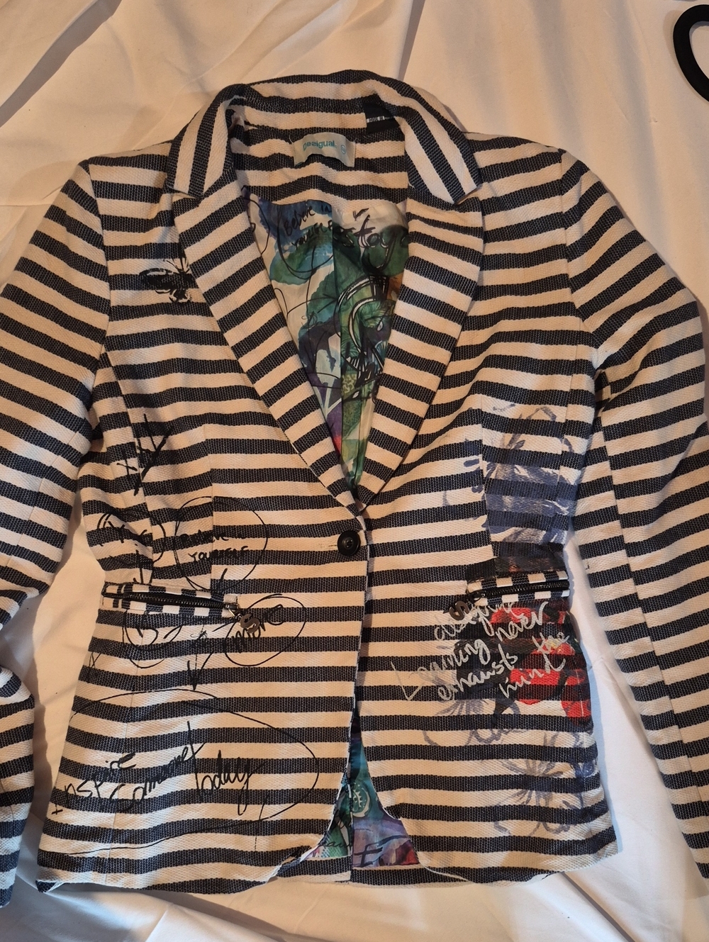 Desigual Black & White Striped Women's Blazer with Artistic Accents